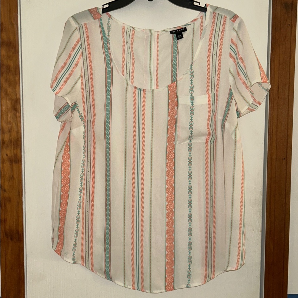 Torrid White Blouse with Orange and Teal Stripes